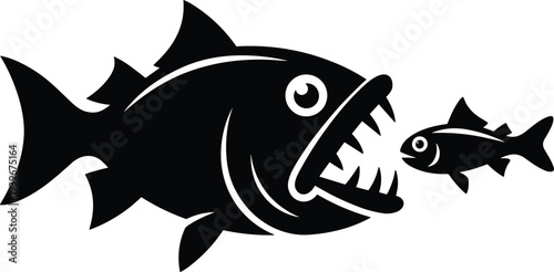 Predatory fish eating smaller fish silhouette, big fish little fish concept, marine food chain symbol, minimalist black vector illustration
