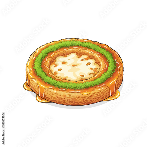 Kunefe Traditional Turkish Cheese Pastry Dessert Flat Vector Illustration.