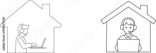 Work from home outline icon set vector illustration with people using laptop and headset