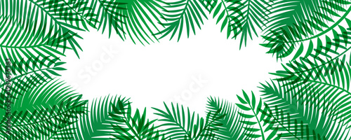 Tropical leaves, palm tree fronds decorative frame. Lush foliage, jungle, rainforest. Summer design element, holidays, vacations, resort. Border with copy space. Hand drawn flat vector illustration