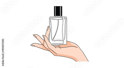 An elegant hand delicately holds a transparent, rectangular glass perfume bottle with a sleek black cap and an internal spray nozzle, isolated on a pristine white background.