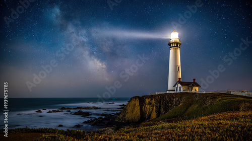 Wallpaper Mural Lighthouse Beaming at Night Under Starry Sky Torontodigital.ca