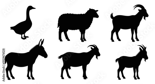 Farm Animals Silhouettes Collection: Goose, Sheep, Goats, and Donkey Set