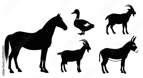 Farm Animals Silhouettes Collection: Horse, Duck, Goats, and Donkey Icons