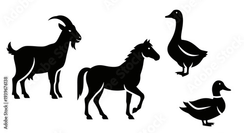 Farm Animals Silhouettes Collection Including Goat, Horse, and Waterfowl