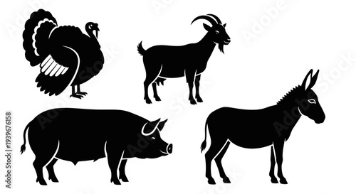 Farm Animals Silhouettes Collection: Turkey, Goat, Pig, and Donkey Vector Icons