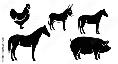 Farm Animals Silhouettes Set: Chicken, Donkey, Horse, and Pig Icons