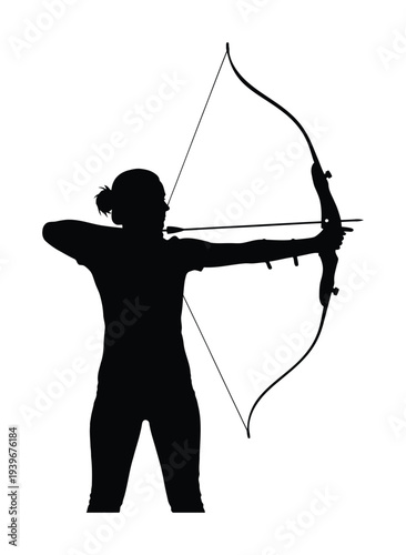 Silhouette of an archer holding and drawing a vector bow in a ready-to-shoot position for target practice