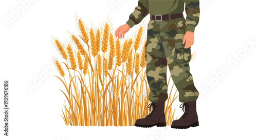 A person in a camouflage uniform and combat boots stands beside a tall patch of golden wheat, gently touching the ripe ears with one hand, all depicted against a clean white background.