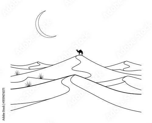 Vector of a camel standing on rolling sand dunes under a crescent moon