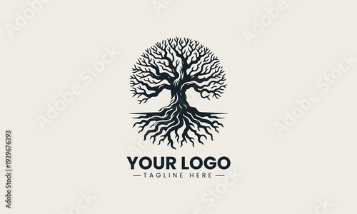 Detailed oak tree with deep roots represents life growth concept strong and organic