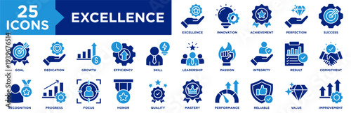 Excellence Icon Set Collection. Icon Pack Contain Quality, Perfection, Achievement, Success, Mastery, Skill, Innovation, Leadership, Integrity, Commitment