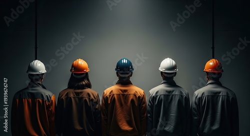 Silhouettes of workers in hard hats facing away