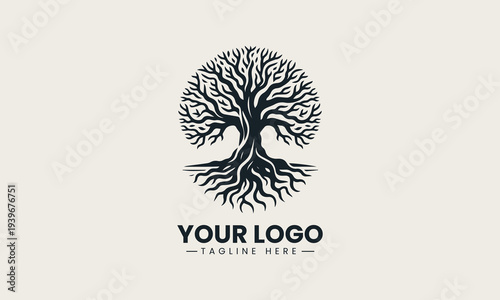Detailed oak tree with deep roots represents life growth concept strong and organic