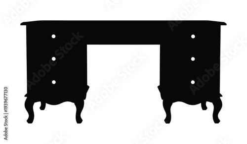 Black silhouette of a classic desk with legs and drawers in a vector style