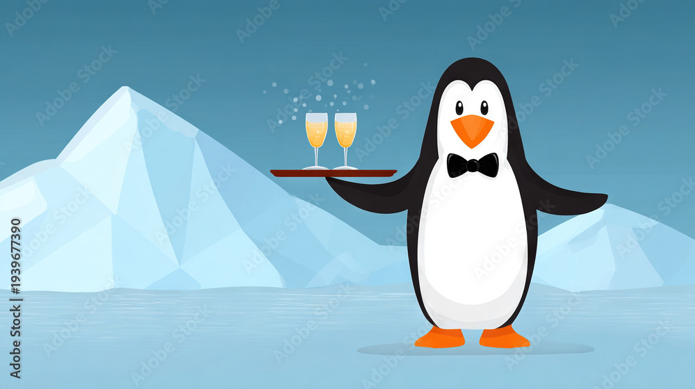 Obraz premium Penguin serving champagne glasses on a snowy mountain