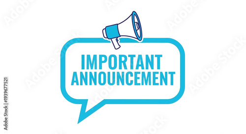 Simple blue line art graphic design featuring a stylized megaphone above a speech bubble conveying an important announcement message for public communication needs.