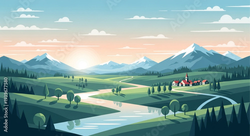 Scenic Mountain Landscape with Rolling Hills and River.