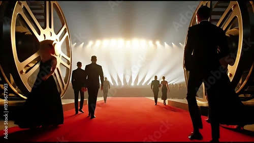 Elegant People Walking on Red Carpet Between Giant Film Reels Towards Bright Stage