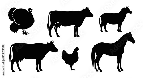 Farm Animals Silhouettes Set: Cow, Horse, Chicken, and Turkey Livestock Icons