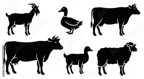 Farm Animals Silhouettes Set: Cow, Goat, Duck, and Sheep Livestock Collection