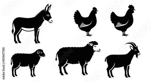 Farm Animals Silhouettes Set: Donkey, Chickens, Sheep, Ram, Goat Icons on White