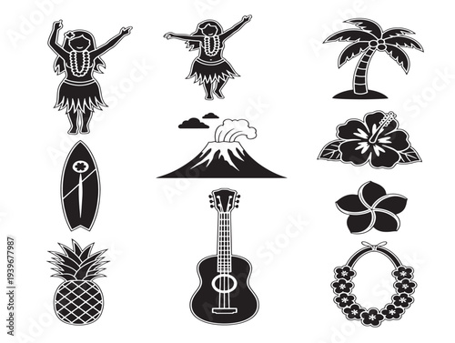 Vintage tropical icons set with musical instruments and nature elements