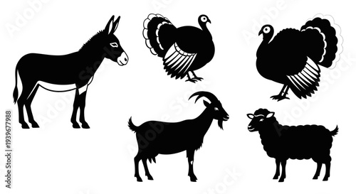 Farm Animals Silhouettes Set: Donkey, Turkey, Goat, and Sheep Collection