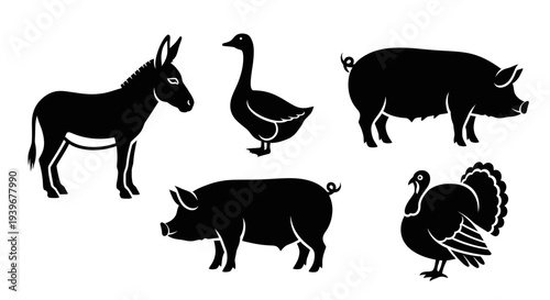 Farm Animals Silhouettes Set: Donkey, Goose, Pigs, and Turkey Icons