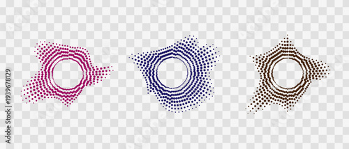 Three abstract circular shapes composed of halftone dots on transparent background