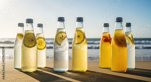 Assorted flavored beverages in glass bottles on a beach
