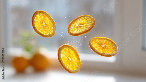 Wallpaper Mural Fresh orange slices with water droplets in mid-air Torontodigital.ca