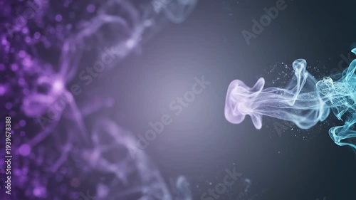Abstract swirling smoke and particles in shades of purple and blue, creating a mesmerizing and ethereal visual effect on a gradient background