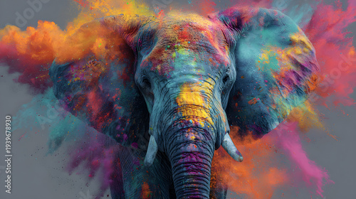 Vibrant elephant with colorful powder explosion around head