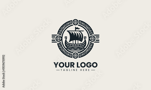 Black Viking ship inside ornamental circle represents strong maritime heritage brand identity concept in clean minimalist vector logo illustration isolated on white background