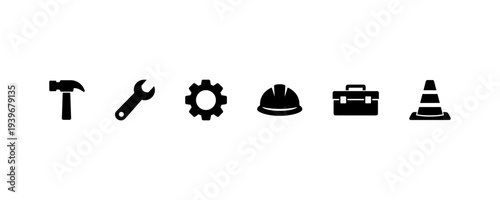 Construction Tools Icons Set Hammer Wrench Gear Helmet Toolbox Cone