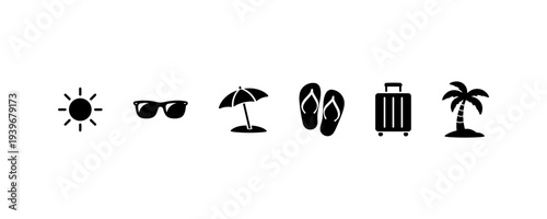 Summer Vacation Beach Icons Set Sun Sunglasses Umbrella Flip Flops Suitcase Palm