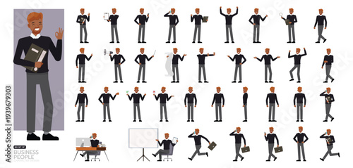Big Set of Businessman wear dark blue shirt character vector design. People working in office planning, thinking and economic analysis. Presentation in various action.