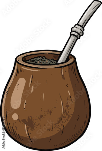 hand drawn cartoon color vector illustration of a traditional south american mate cup with bombilla, featuring clean lines and a painterly stained texture effect to give a unique artistic look