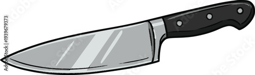 chef kitchen knife vector in hand drawn color style with black fill lines featuring a sharp steel blade and painterly spots for a professional culinary illustration