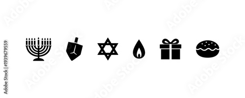 Hanukkah icons menorah dreidel star gift donut