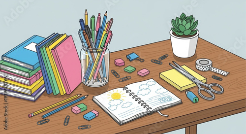 Organized Desk with Stationery and Notebooks for Study or Work.
