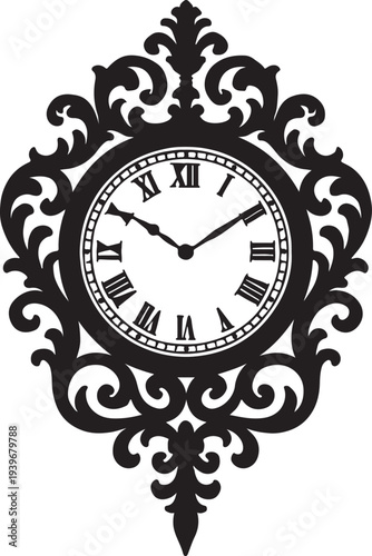 Ornate Black Silhouette of an Antique Roman Numeral Clock Face