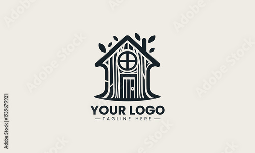 Black tree house silhouette with window and door represents eco living brand identity concept in clean minimalist vector logo design isolated on white background