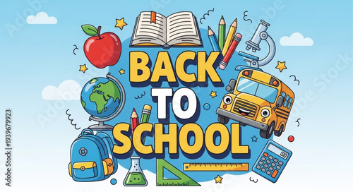 Colorful Back to School Illustration with School Supplies.