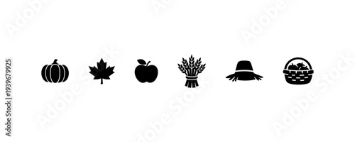 Autumn harvest icons pumpkin leaf apple wheat hat pie