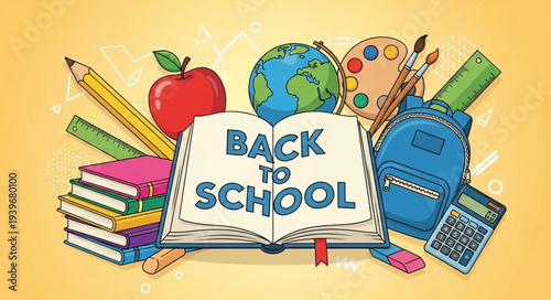 Open school book surrounded by school supplies and educational icons.