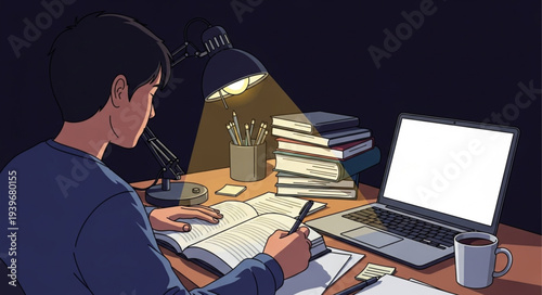 Person Working at Desk with Laptop and Books.
