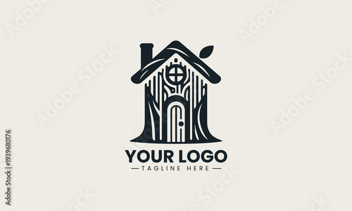 Black tree house silhouette with window and door represents eco living brand identity concept in clean minimalist vector logo design isolated on white background