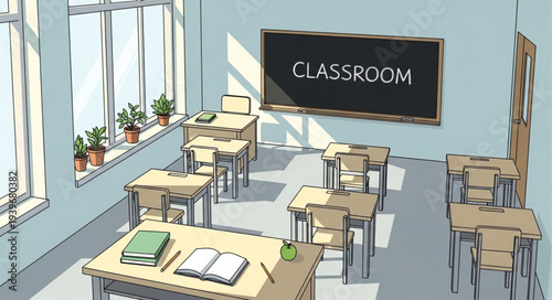 Empty Classroom with Desks and Blackboard in School Setting.